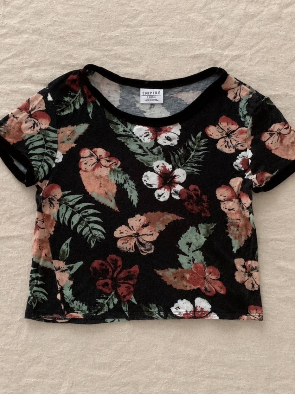 Empyre Tropical Floral Crop Top Hibiscus Black Y2K XS